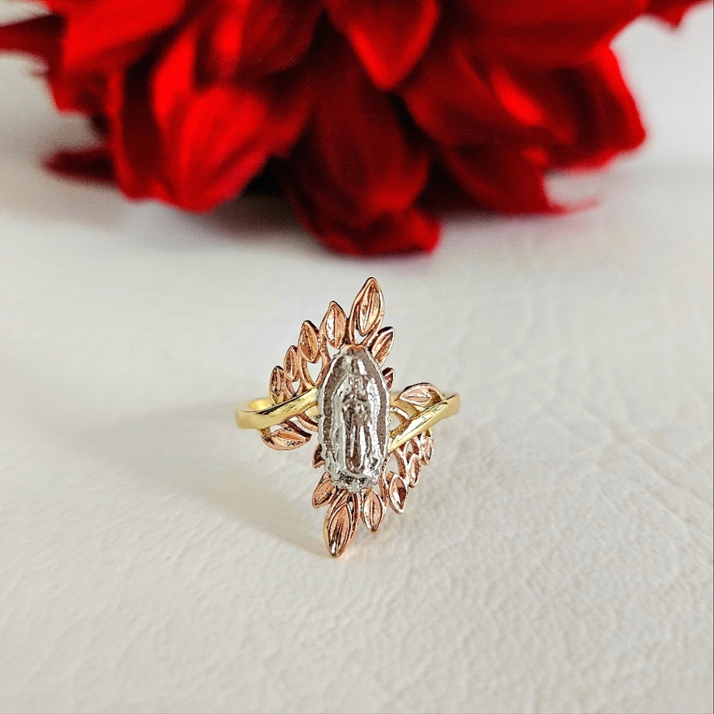 Lady of Guadalupe Tri Color Leaf Gold Plated Ring